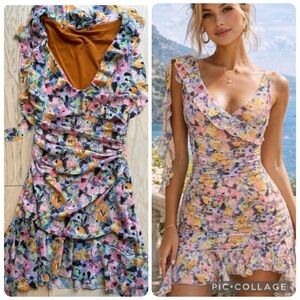 BNWT Floral Ruched Mini Dress Stretch Fitted Romantic Ruffle Hem